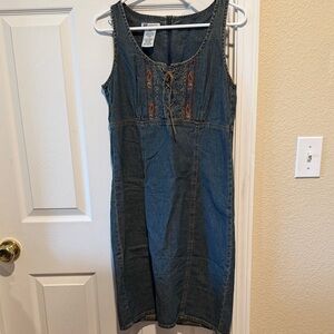 Faded Glory Blue Denim Midi Dress with Lace-Up Front